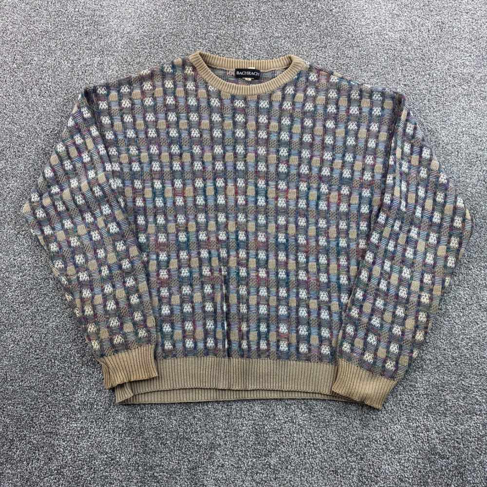 Vintage Bachrach Sweater Mens Large Tan Multi 3D Knit Coogi Style Textured 90s